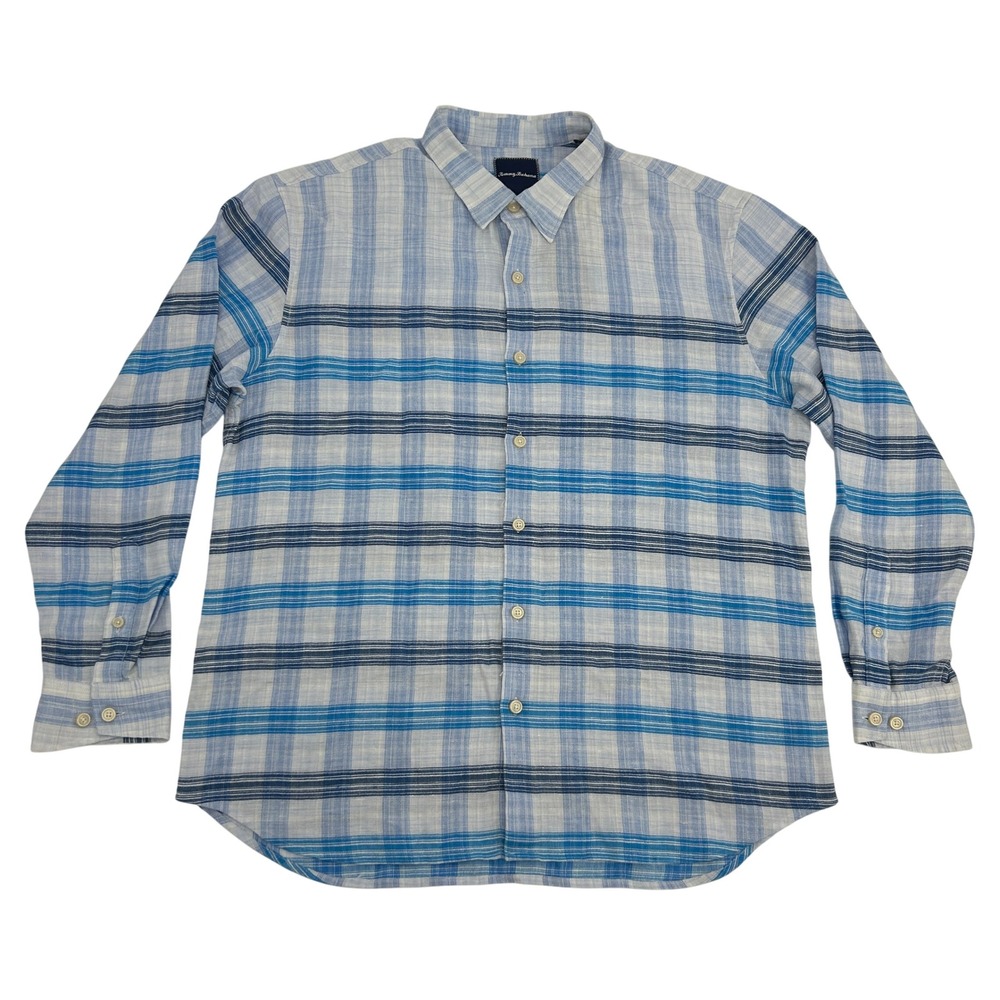 Tommy‎ Bahama Iliao Plaid Shirt Men's XL Blue Danube Stretch Linen Blend NEW